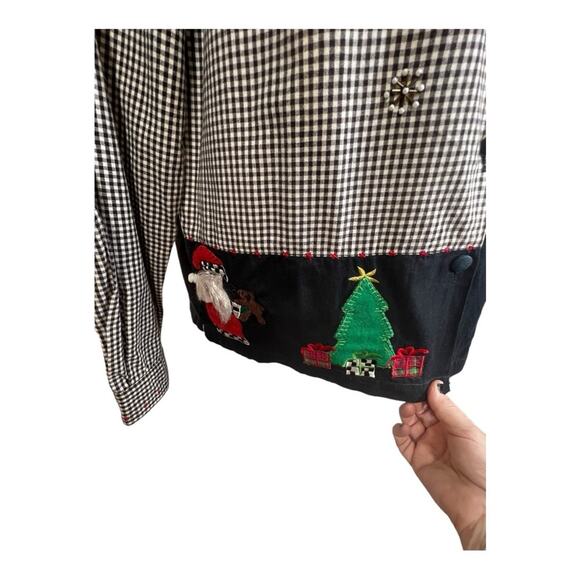 LEMON GRASS Vintage Christmas Shirt Santa Reindeer Appliqué Black Check SZ L - Picture 6 of 16